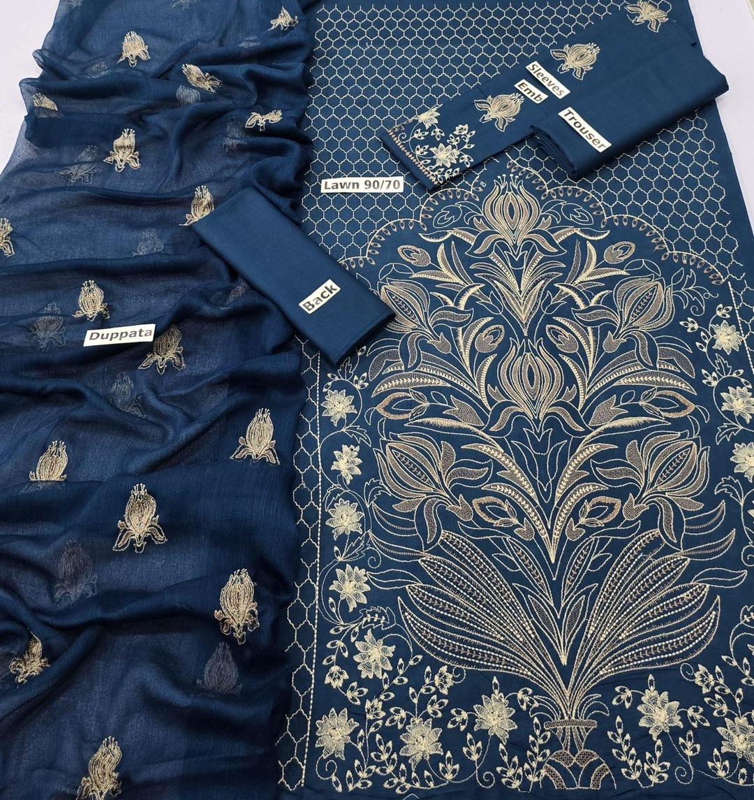 Stunning 3 Pcs Embroidered Lawn Suit Set in Blue