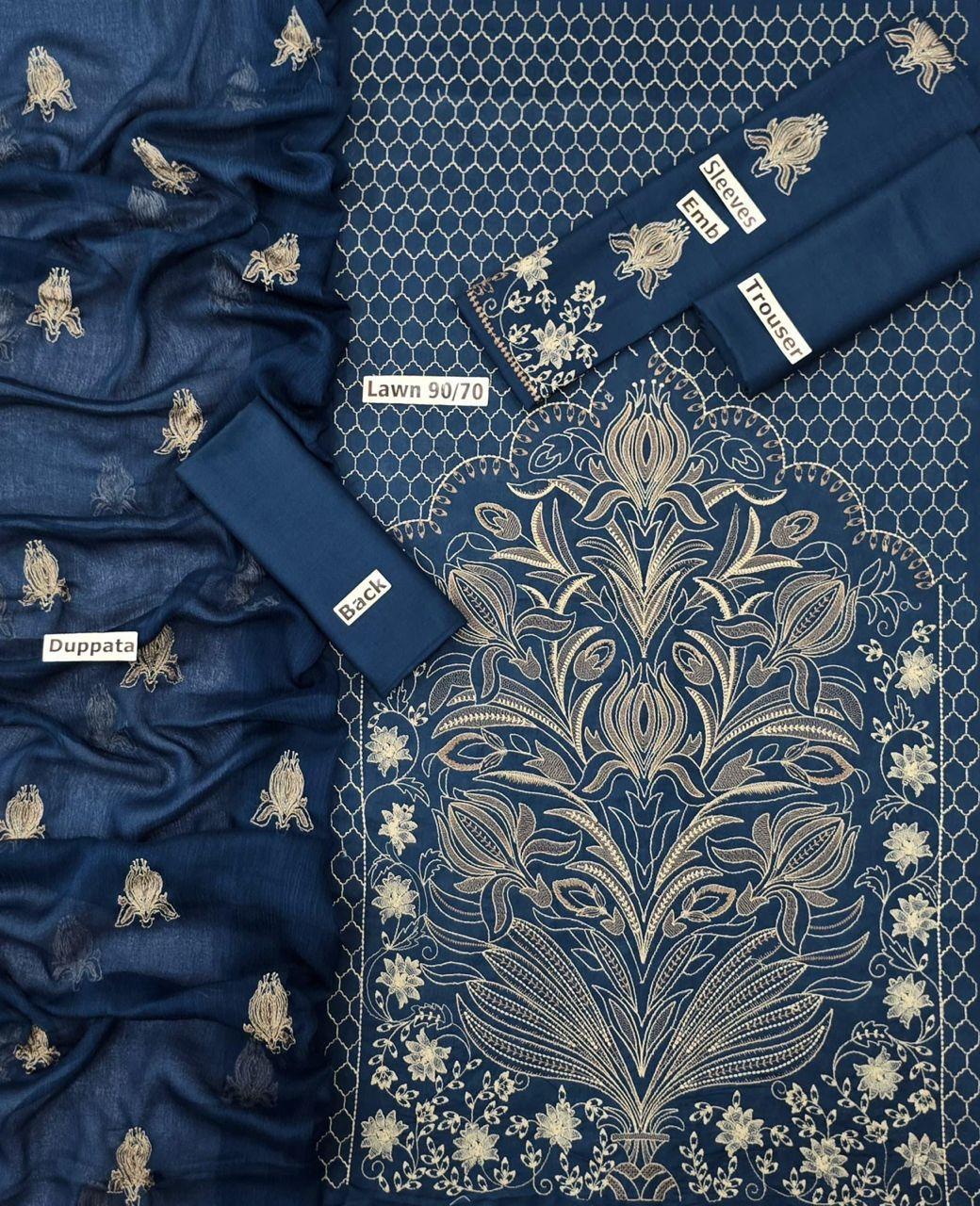 Stunning 3 Pcs Embroidered Lawn Suit Set in Blue