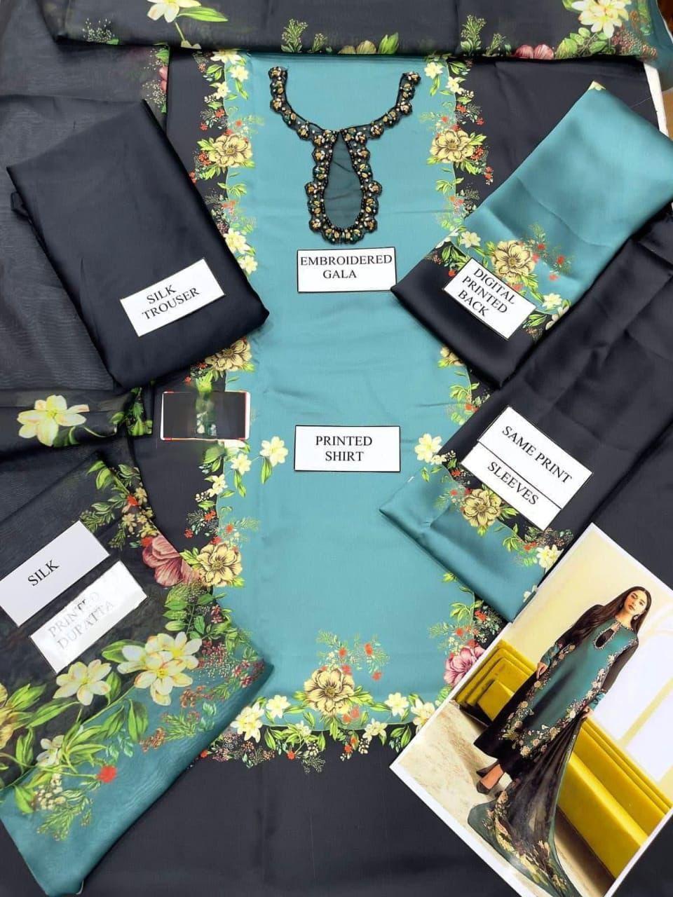 Stylish Blue Printed Suit | 3 Pcs Set in Shamoz Silk