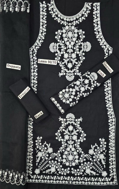 3 Pcs Embroidered Black Lawn Suit Set with Dupatta