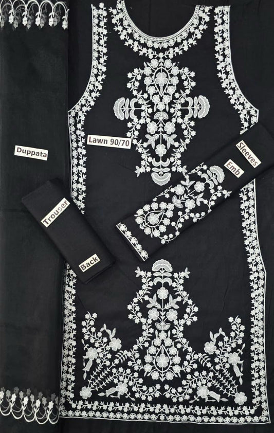3 Pcs Embroidered Black Lawn Suit Set with Dupatta
