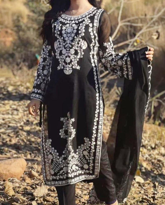 3 Pcs Embroidered Black Lawn Suit Set with Dupatta