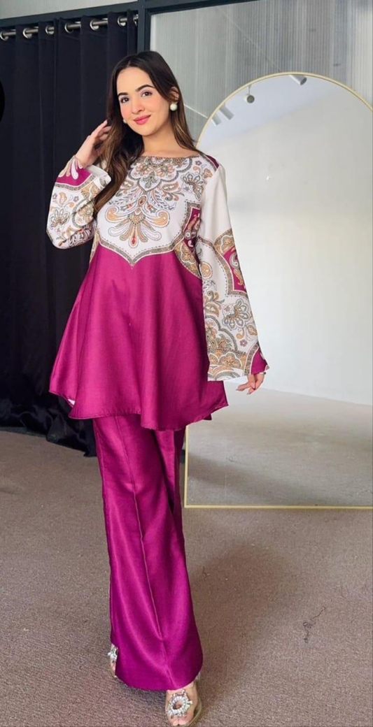 2 Pcs Women's Stitched Printed Shirt And Trouser