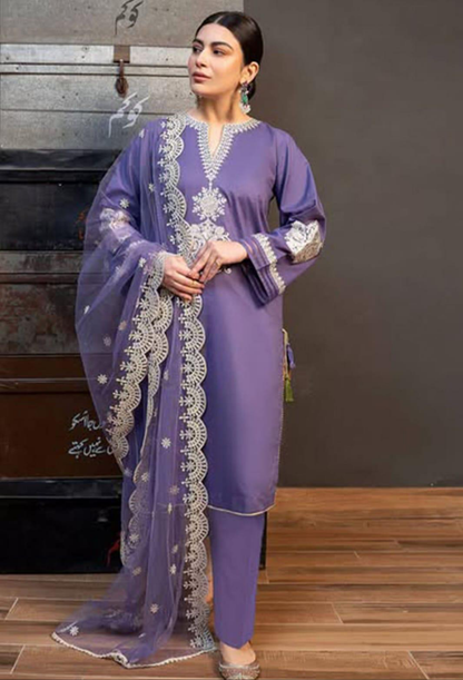 3 Pcs Lawn Women's Unstitched Embroidered Suit With Organza Dupatta
