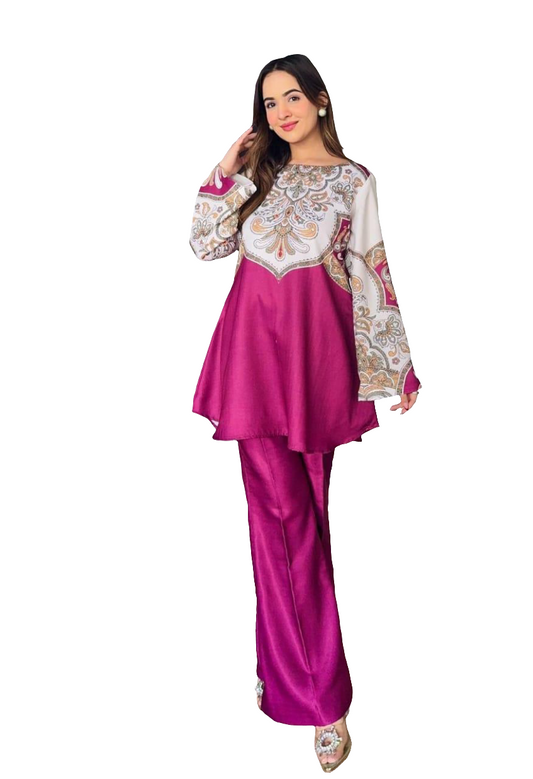 2 Pcs Women's Stitched Printed Shirt And Trouser