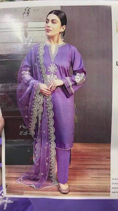 3 Pcs Lawn Women's Unstitched Embroidered Suit With Organza Dupatta