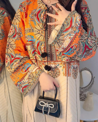 Women's silk Lawn Stitched Printed Shirt and Trouser Set - 2 Pcs