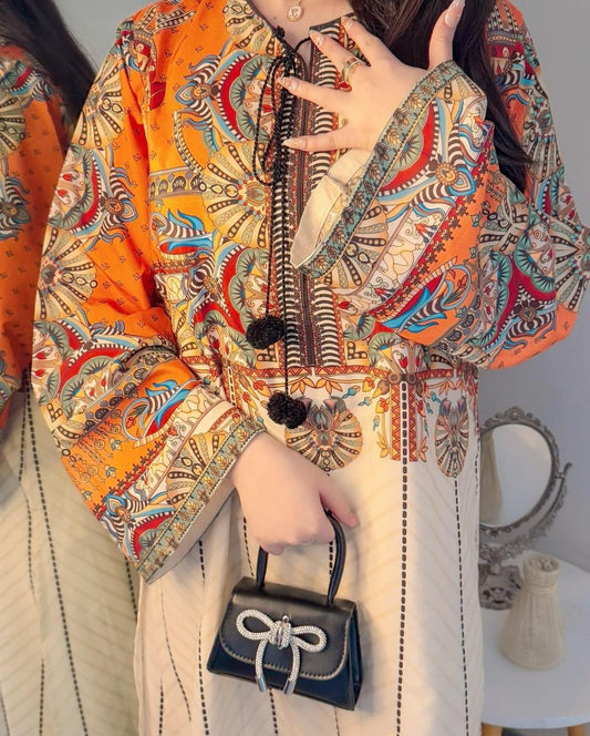 Women's silk Lawn Stitched Printed Shirt and Trouser Set - 2 Pcs