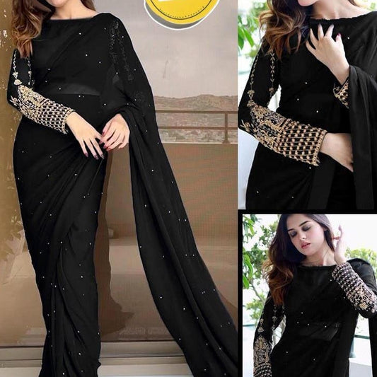 Women’s Silk Sequins Embroidered Stitched Saree