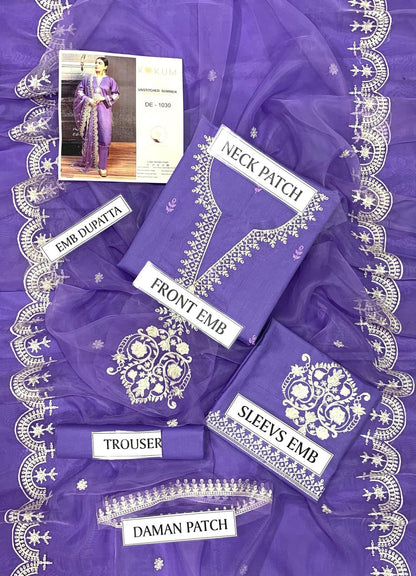 3 Pcs Lawn Women's Unstitched Embroidered Suit With Organza Dupatta