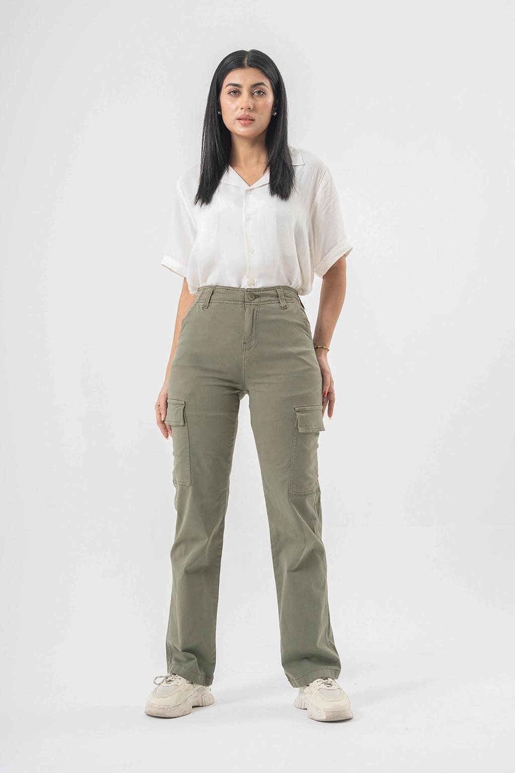 High Waist Cargo Pants in Olive Green with Side Flap Pockets | Straight Fit Style