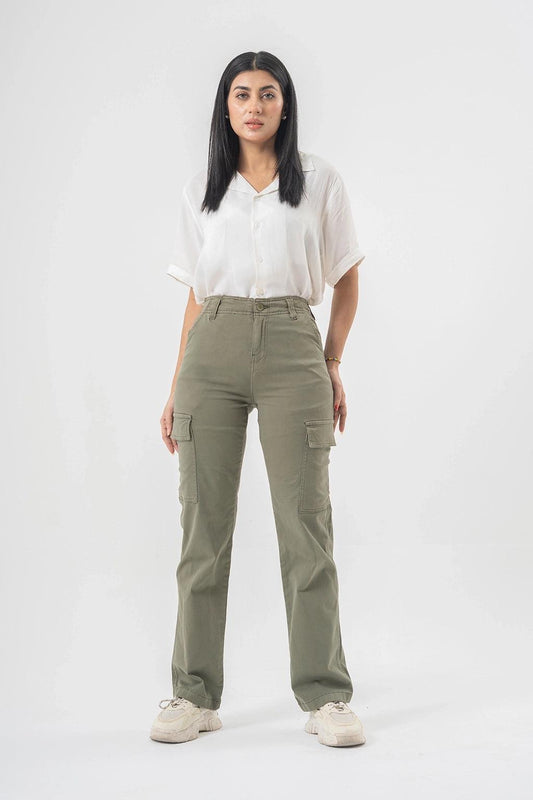 High Waist Cargo Pants in Olive Green with Side Flap Pockets | Straight Fit Style
