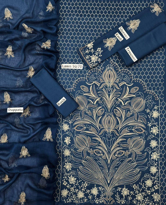 Stunning 3 Pcs Embroidered Lawn Suit Set in Blue