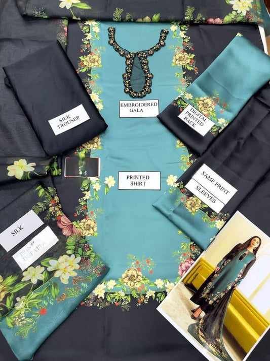 Stylish Blue Printed Suit | 3 Pcs Set in Shamoz Silk