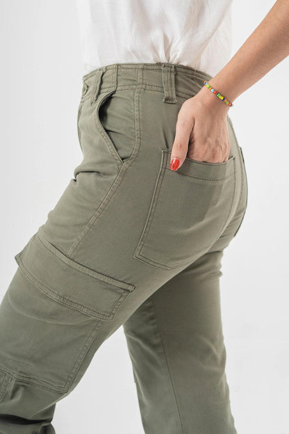 High Waist Cargo Pants in Olive Green with Side Flap Pockets | Straight Fit Style