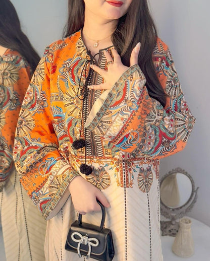 Women's silk Lawn Stitched Printed Shirt and Trouser Set - 2 Pcs