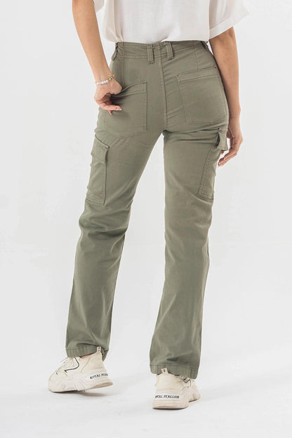 High Waist Cargo Pants in Olive Green with Side Flap Pockets | Straight Fit Style