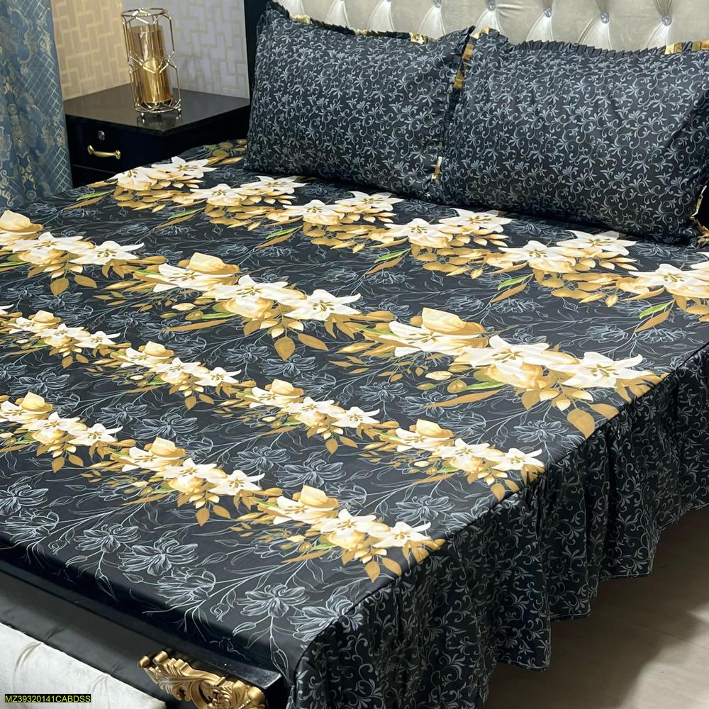3 Pcs Cotton Salonica Printed King Size Double Bedsheet