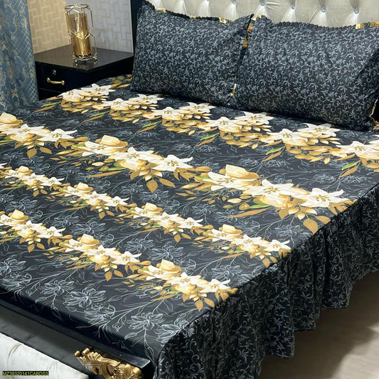 3 Pcs Cotton Salonica Printed King Size Double Bedsheet