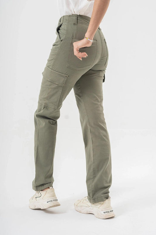 High Waist Cargo Pants in Olive Green with Side Flap Pockets | Straight Fit Style