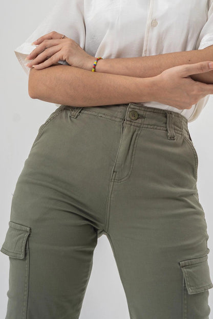High Waist Cargo Pants in Olive Green with Side Flap Pockets | Straight Fit Style