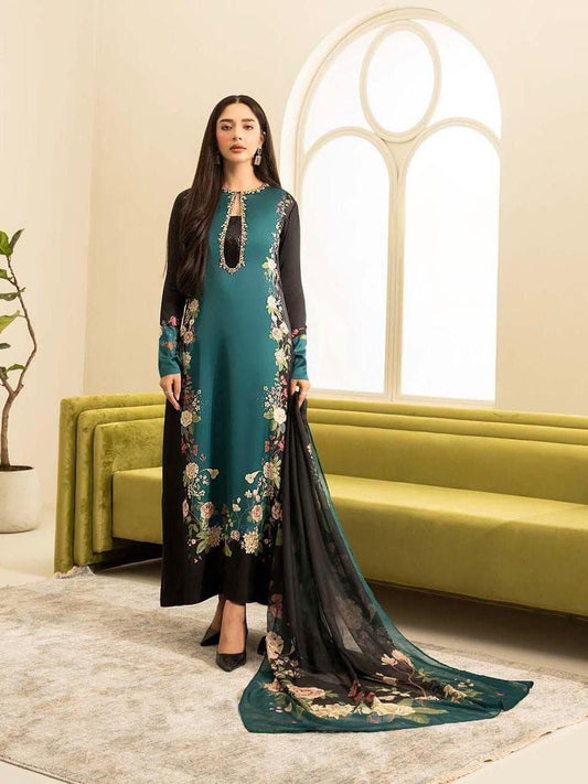 Stylish Blue Printed Suit | 3 Pcs Set in Shamoz Silk
