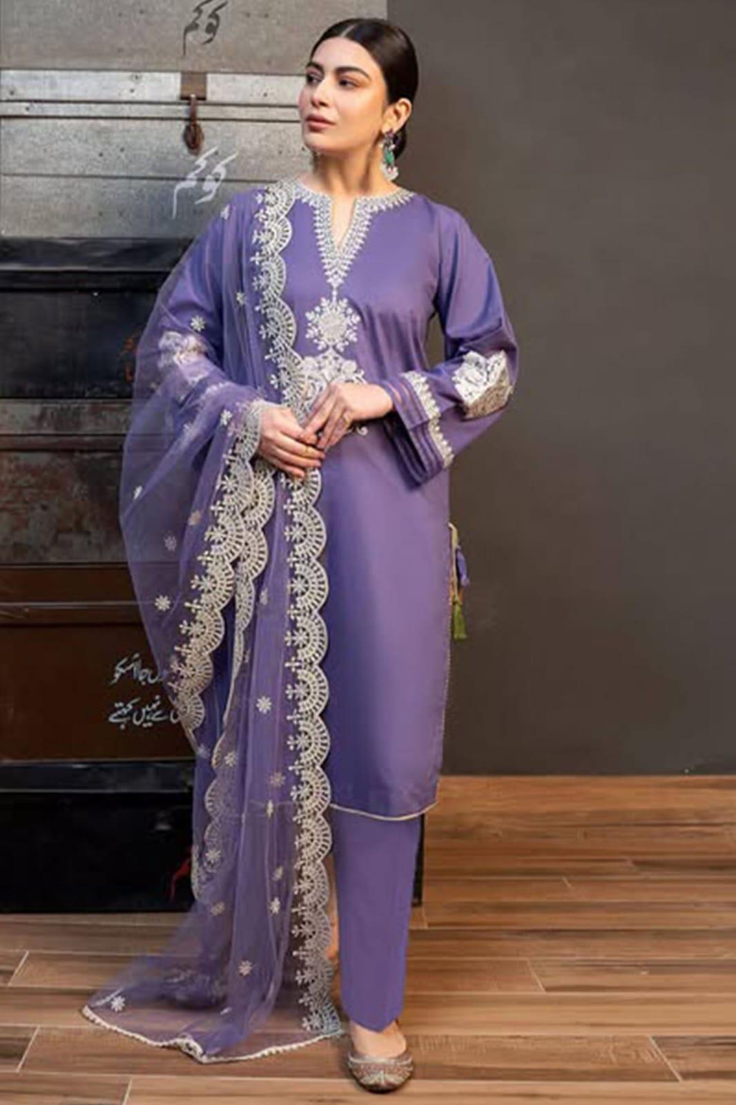 3 Pcs Lawn Women's Unstitched Embroidered Suit With Organza Dupatta
